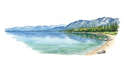 Naklejka premium Watercolor Scenic View of Lake Tahoe with Mountains and Beach - This watercolor artwork captures the tranquility of Lake Tahoe with mountains, clear water, sandy beach, peaceful nature