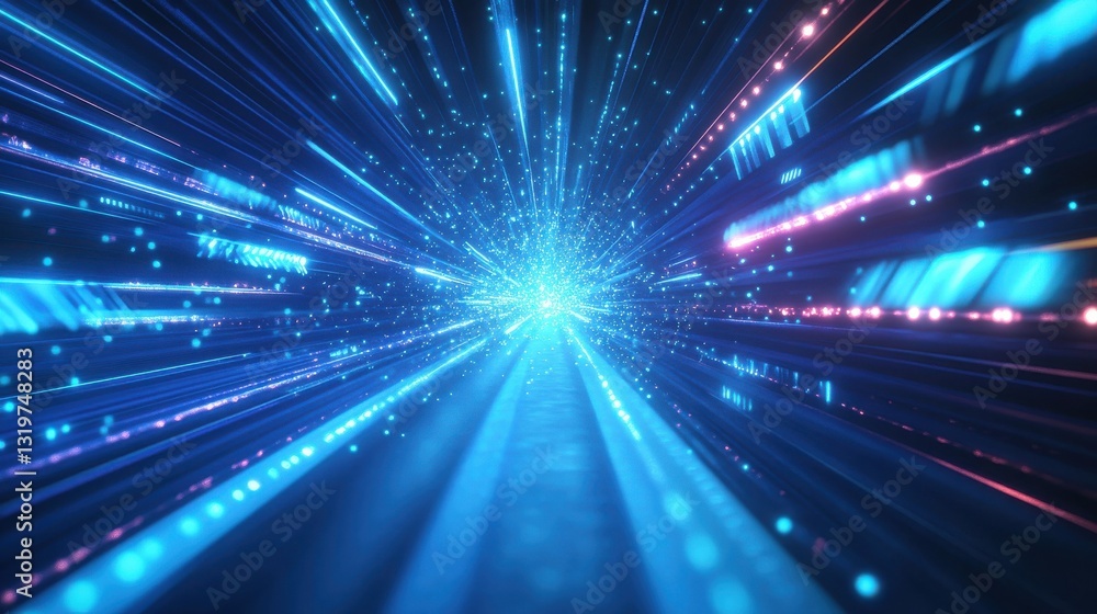Poster abstract background featuring fast-moving blue light and arrows, creating a dynamic digital effect.