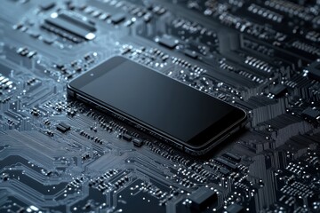 Fototapeta premium Innovative graphic layout showcasing smartphone on circuit board background