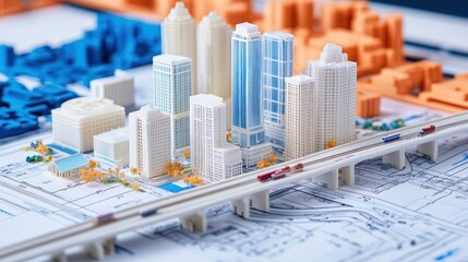 Architectural Model: Cityscape on Blueprint