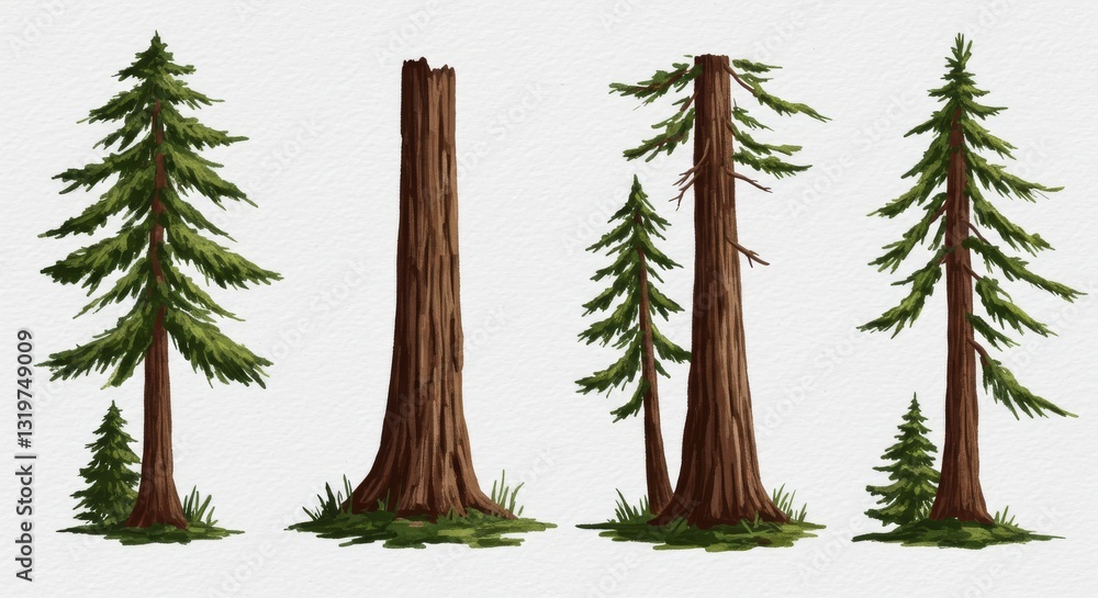 Poster watercolor redwood trees collection on white background - artistic representation of various redwood