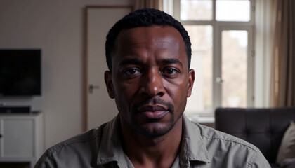 Fototapeta premium Man with teary eyes sitting alone in a quiet room after an argument 