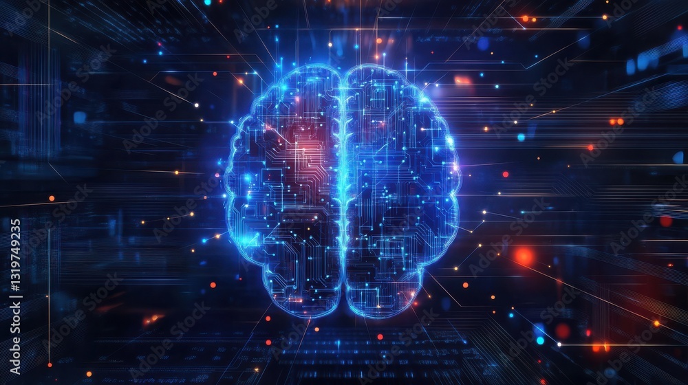 Poster digital human brain with computer circuit board. electronic medicine technology vector concept. elec