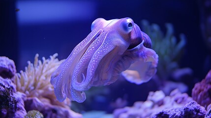 Obraz premium Purple Cuttlefish Swimming Gracefully in Aquarium with Coral Background