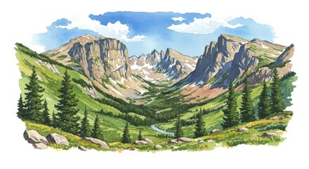 Fototapeta premium Rocky Mountain National Park Scenic View Landscape Art - A beautiful illustration showcasing green valleys, majestic mountains, flowing river, blue sky