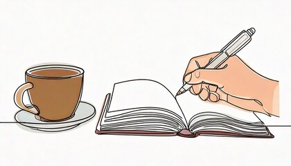 continuous line drawing of hand gesture writing on an open book beside a cup of coffe 