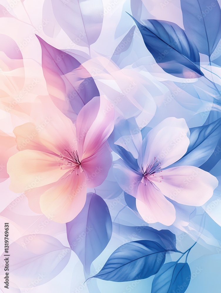 Poster this abstract floral background features delicate leaf patterns and soft pastel colors, creating a s