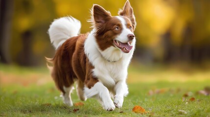 Happy Brown and White Border Collie Dog Running in Autumn Park