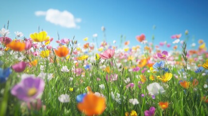 Fototapeta premium Colorful blooms in a sunny meadow under a clear sky.