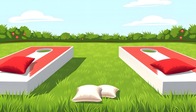 Red and white cornhole board with bean bags on lawn in summer, leisure game activity , with white tonespng
