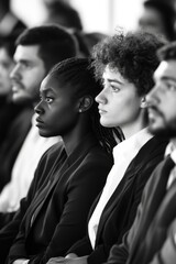 A group of people are sitting in a room, with a woman in the middle of the group. The woman is wearing a black jacket and is looking at something. There are other people in the room