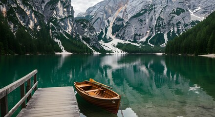 Obraz premium Rowboat on Lake at Dock with Mountain Reflection and Forest