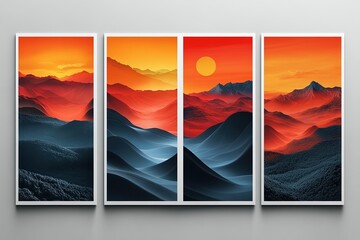 Graphic layouts for promotional flyers featuring vibrant landscape designs with sunset hues