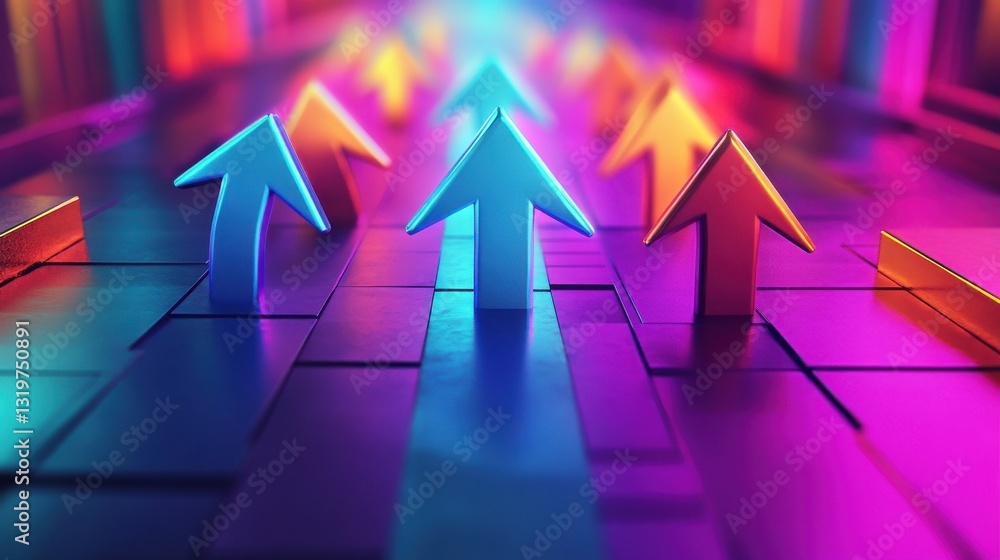 Poster sleek holographic upward arrows against a vibrant background symbolizing a dynamic business growth t