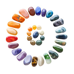 Chakra stones arranged in a spiral formation, isolated on a white transparent background.