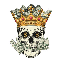 Composition with human skull in golden crown, with mouth full of cash money, 100 dollar bills. Concept of money power. Vintage style
