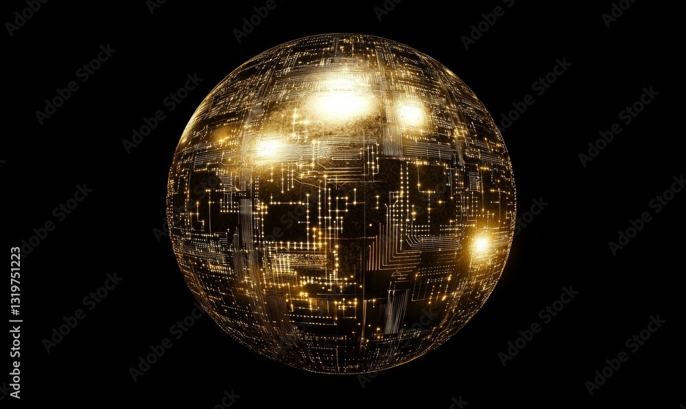 Poster pherical representation of interconnected globe with golden network and circuitry overlaid, symboliz