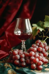 Close-up of a glass of red wine with green grapes as a decorative background.
