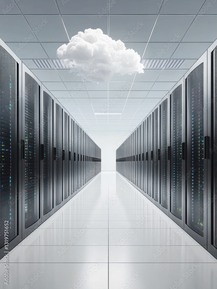 Poster high-tech data center with servers and supercomputers, server farms, server rooms, cloud computing, 