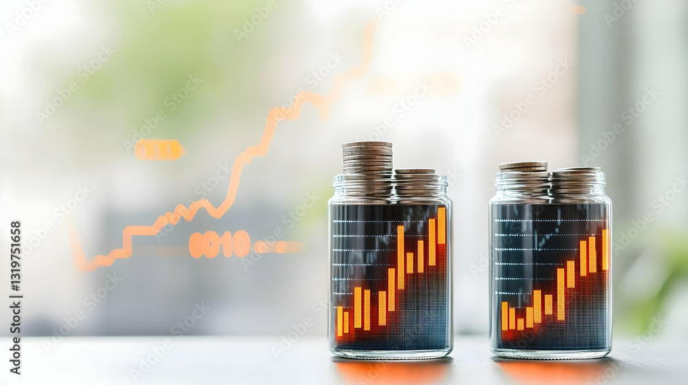 Poster transparent glass jars filled with coins displaying digital stock market chart visualization on a li