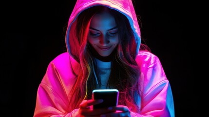 technology and people concept - happy young woman wearing hoodie and using smartphone in neon lights over black background