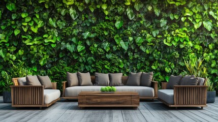 Relaxing lounge area with green plants, wooden furniture, and soft natural lighting.