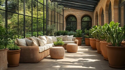 Relaxing sunroom with rattan furniture, neutral-toned cushions, and terracotta planters.