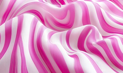 Obraz premium Pink and white striped fabric with a wave pattern. The fabric is very soft and looks like it is made of silk.