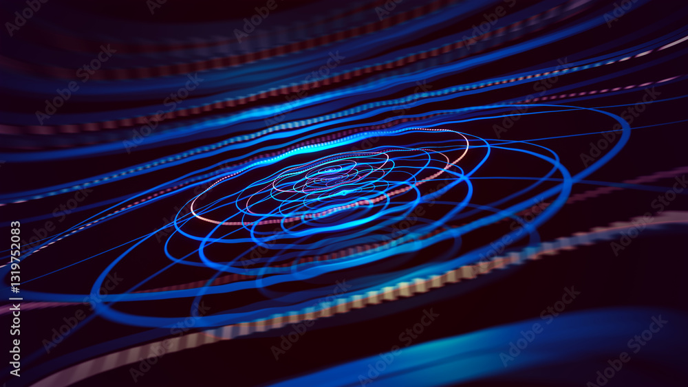 Poster graphic visualization of sound wave vibration. illusion with multi-colored concentric circles. sound