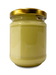 Mayonnaise mustard sauce in glass jar with gold-colored cap isolated