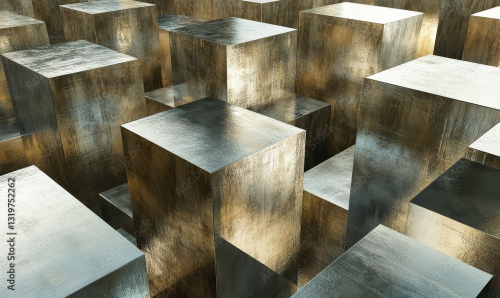 Aufkleber reflective metallic blocks create mesmerizing landscape, showcasing maze like arrangement that evoke
