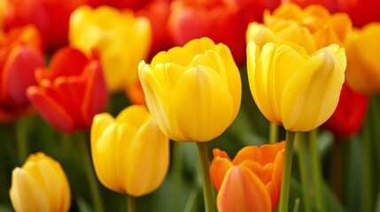 Vibrant tulip garden showcasing colorful blooms in springtime, with a soft-focus background