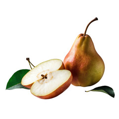 Delicious pear with cross-section view isolated on transparent background.