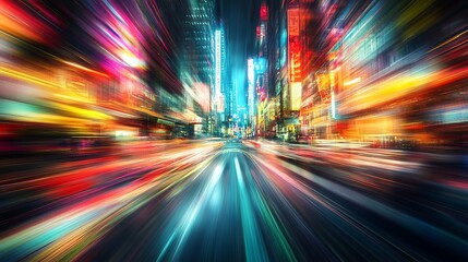 Obraz premium A colorful and vibrant nighttime street scene with motion blur