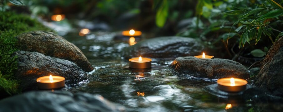 Relaxation and tranquility with heated stones and candles in a natural setting