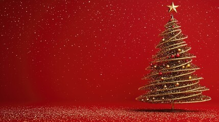 A sparkling Christmas tree with golden swirls and red ornaments stands against a festive red background with falling glitter. Ideal for holiday promotions, greeting cards, and seasonal marketing