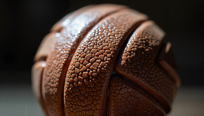 Close-up shot of a textured basketball with detailed surface features against a dark background

