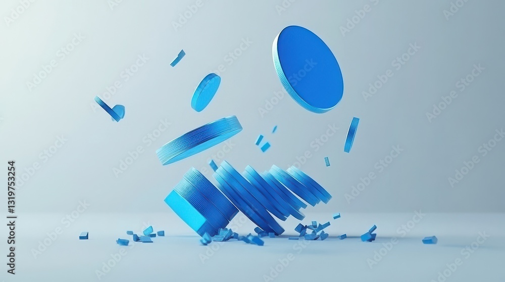 Poster abstract falling coin stack chart and blue arrow on white background with mock up place. crisis, mon