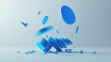 Abstract falling coin stack chart and blue arrow on white background with mock up place. Crisis, money and loss concept. 3D Rendering