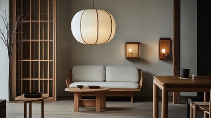 Scandinavian-inspired living space with a well-arranged sofa, wooden furniture, and soft lighting.