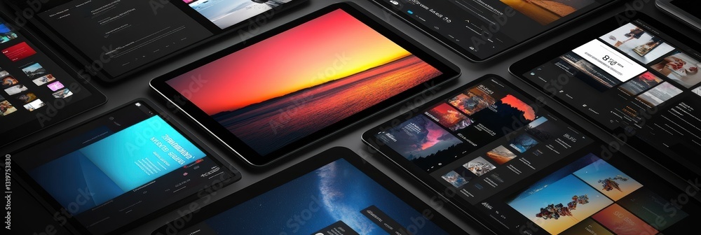 Poster responsive interface development for cross-platform applications showcasing sunset visuals