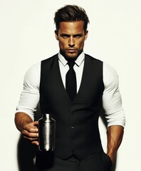 Male model bartender showcasing cocktail mixing skills