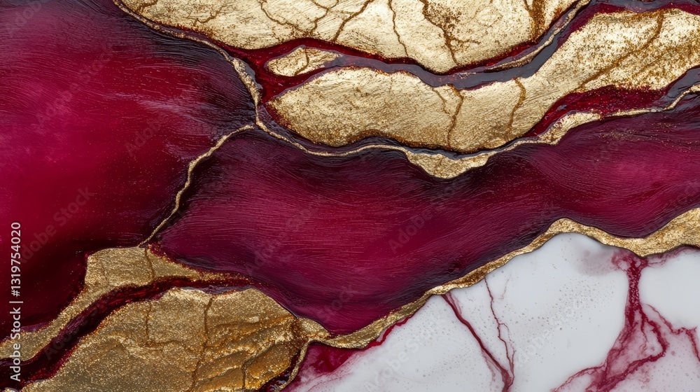 Aufkleber painting of red and gold swirls with a white background. the gold and red colors create a sense of w