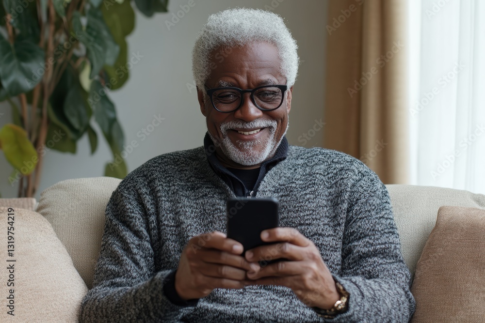 Aufkleber senior man enjoys digital connection while relaxing on his sofa at home in the afternoon