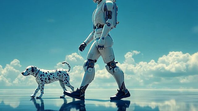 Humanoid robot walking a Dalmatian dog on a reflective surface under clouds
