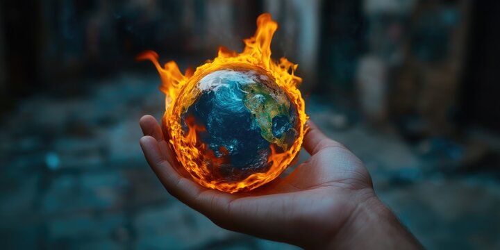 An image depicting a hand holding a fiery globe representing the Earth, with flames emanating from it.