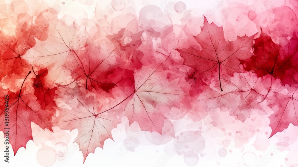 Poster painting of red leaves with a pink background. the leaves are arranged in a row, with some overlappi