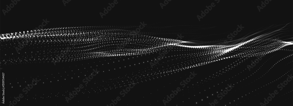 Poster futuristic dot wave. abstract digital particle wave. black and white music wave. dark background. di