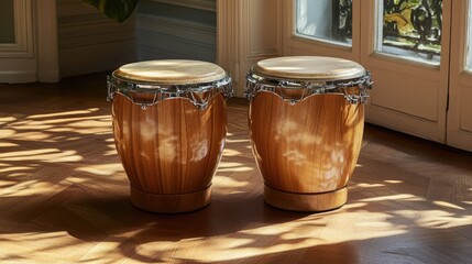 Set of wooden bongos on a hardwood floor, illuminated by warm natural sunlight.