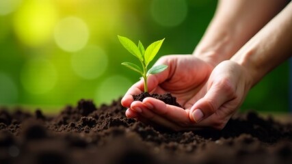 female hands planting a young plant sprout